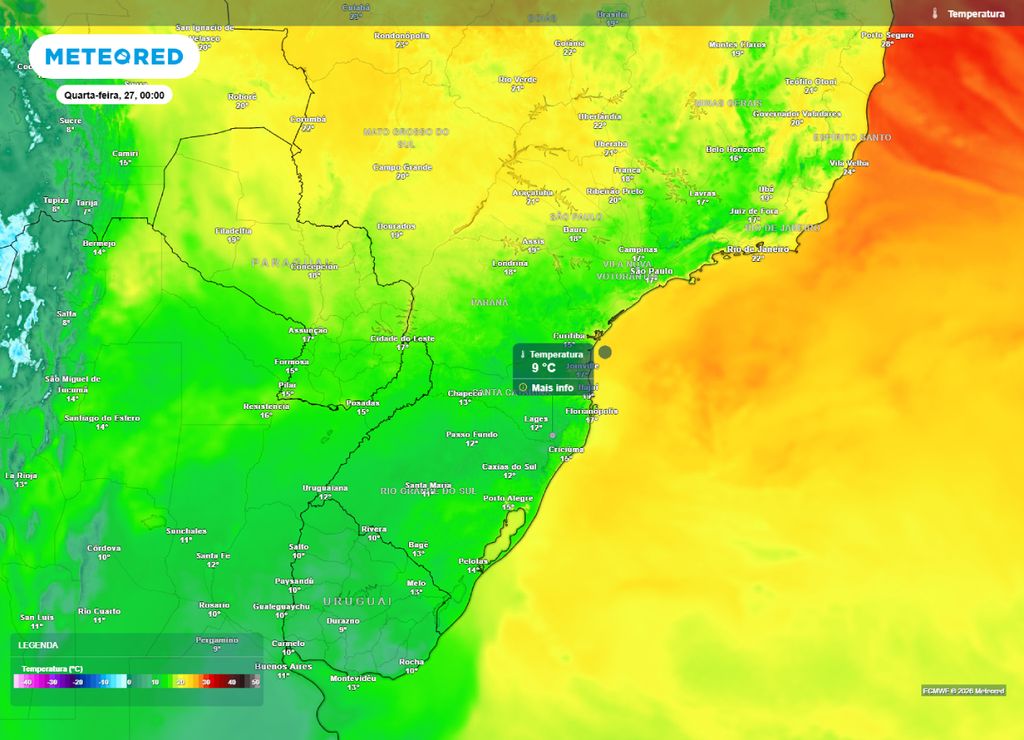 Temperatura prevista para o fim da noite da terça-feira, 26 de maio.