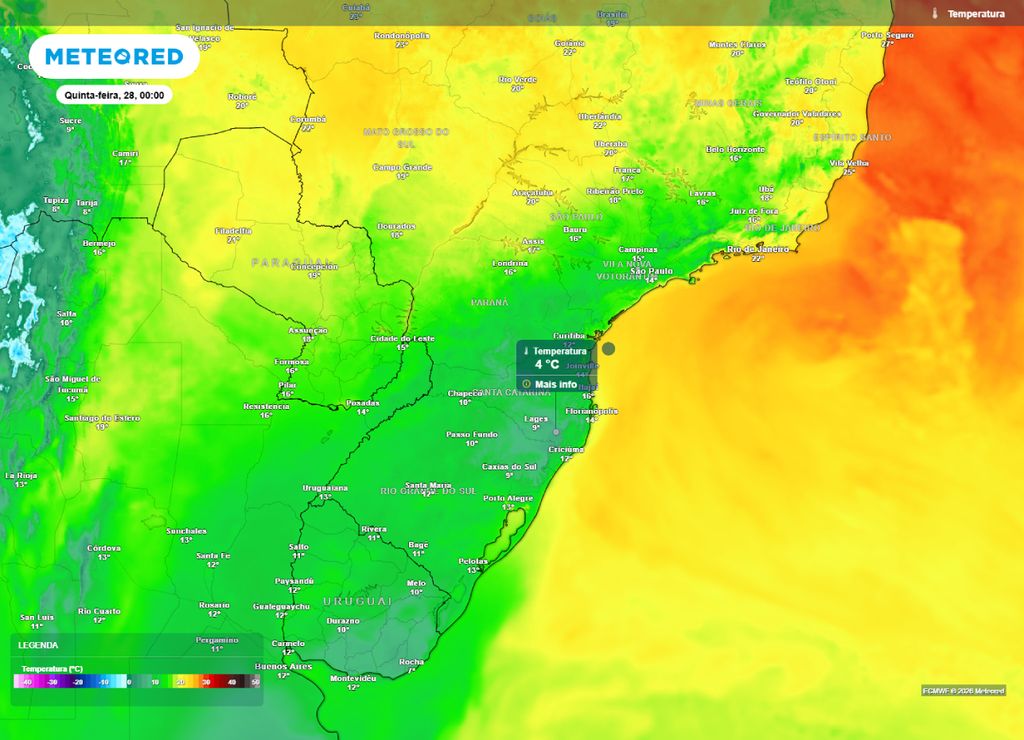 Temperaturas previstas para o fim da noite da quarta-feira, 27 de maio.