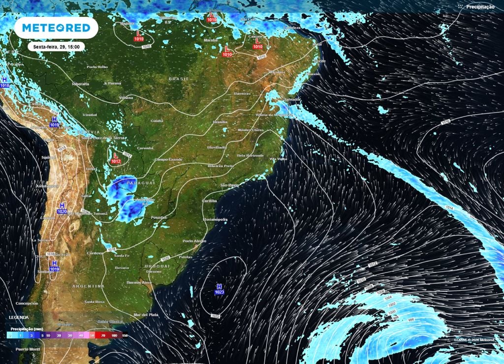 Previsão de chuva, pressão e direção do ventos para a tarde da sexta-feira, 29 de maio. Ar polar atua mais no oceano e consegue transportar o ar mais frio até o leste do Nordeste.