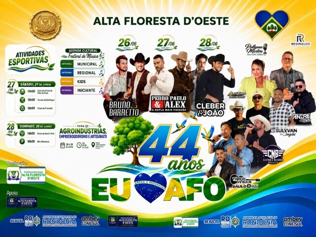 Alta Floresta D'Oeste comemora 44 anos com programação cultural, esportiva e grandes shows