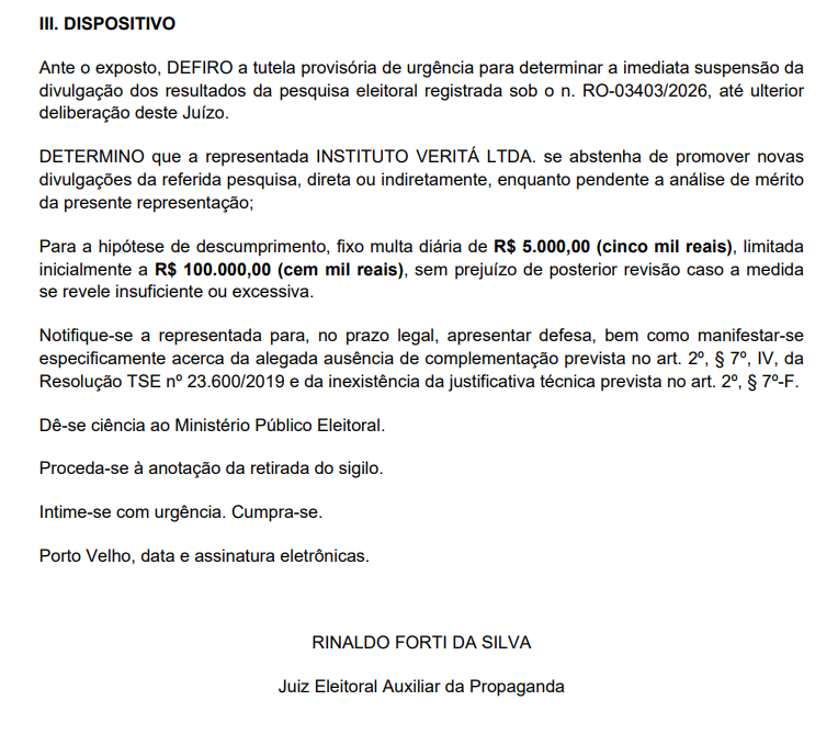 TRE suspende divulgação de pesquisa do Instituto Veritá em Rondônia por suspeitas de irregularidades
