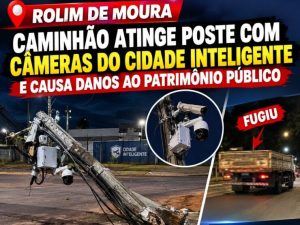 Rolim de Moura-Caminhão atinge poste com câmeras do Cidade Inteligente e causa danos ao patrimônio público